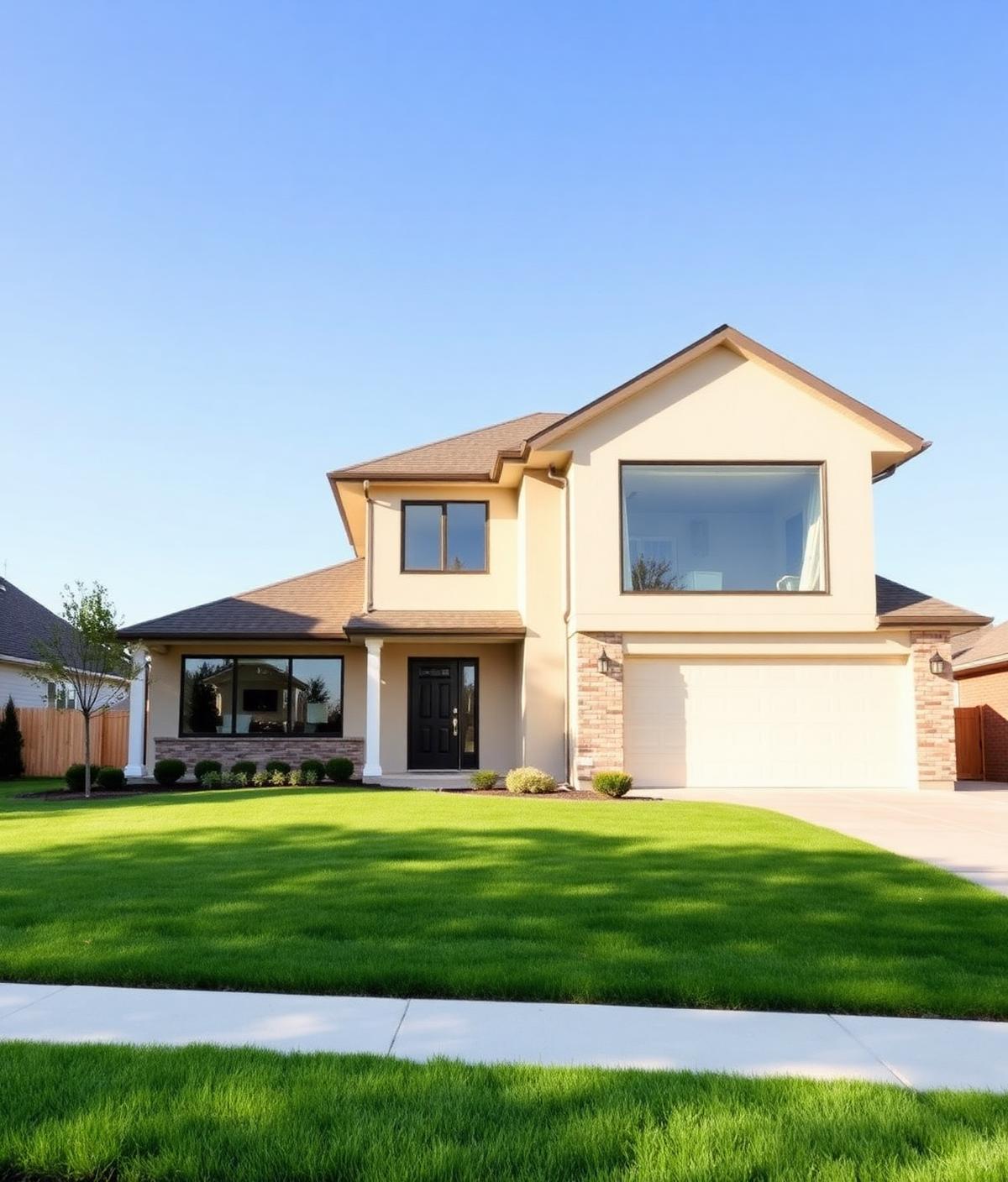 Modern two-story home with crystal clear windows and a bright green lawn
