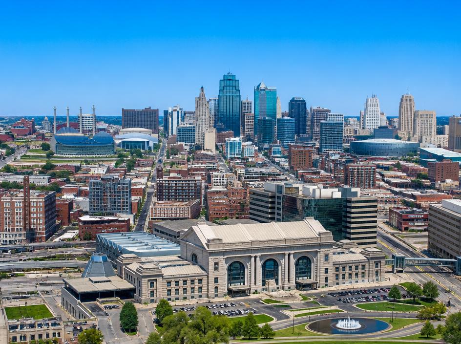 Aerial view of the Kansas City skyline with modern office buildings